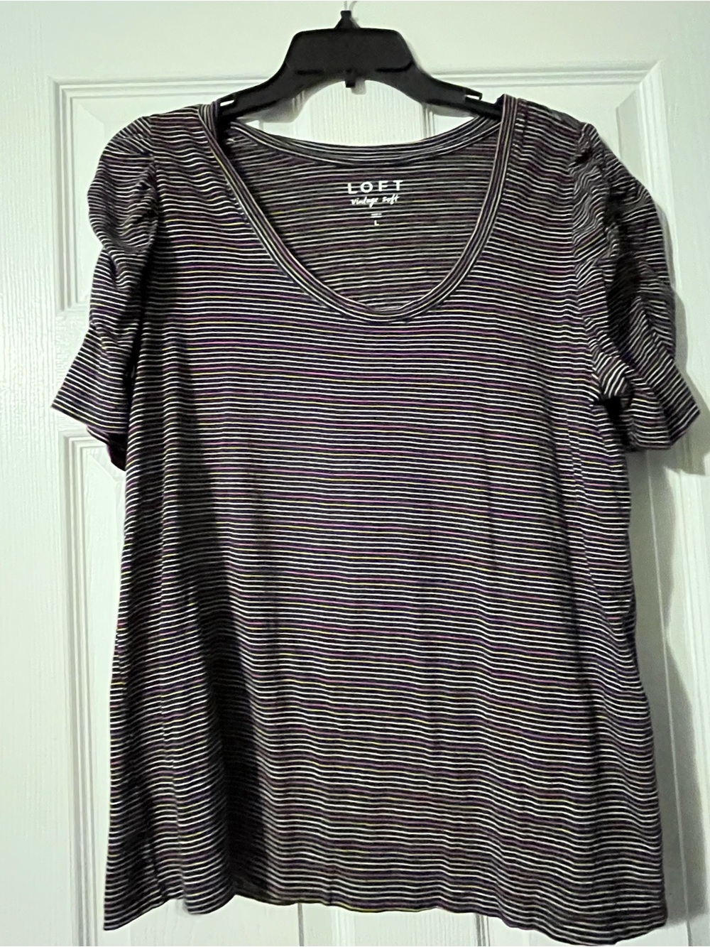 LOFT Black and White Micro-Stripe Scoop Neck Tee